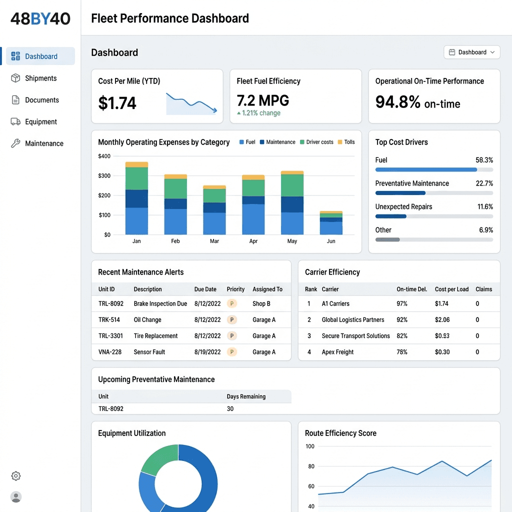 Cost-control dashboard — KPI line chart showing trending cost-per-asset, with maintenance vs depreciation comparison