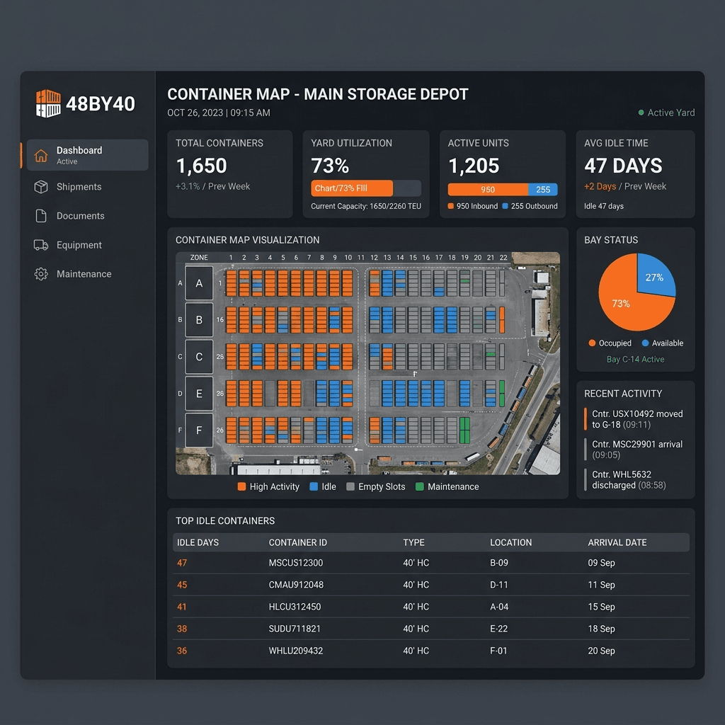 Container yard map on Atlas Navy — color-coded utilization (Vector Green rented, Slate idle), KPI badge, idle-unit callout in Settlement Amber